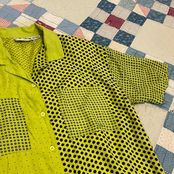 Vintage 1980s 90s Polka Dot Funky Rayon Lime Green Brat Summer Button Up Blouse - Picture 11 of 16